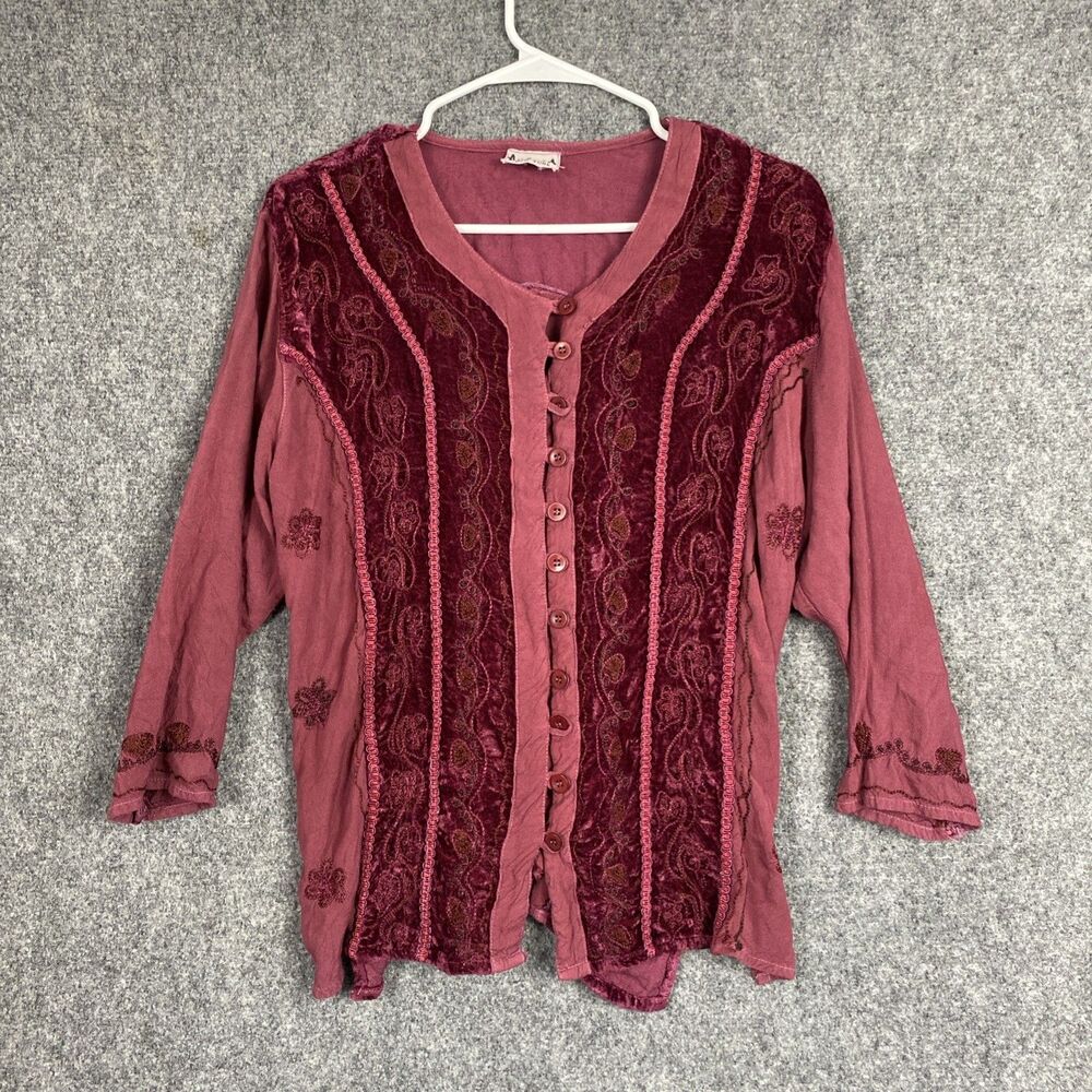 Aurora New York Shirt Womens Size M Red Burgundy Embroidery Festival Medieval